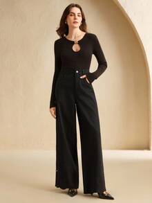 Anewsta 女士新款精致镂空刺绣显瘦高腰牛仔裤，适合情人节和母亲节穿着。 - 黑色 - 查看 6