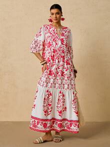 Travachic 大码女式紫红色印花连衣裙，V 领系带腰部短袖宽松波西米亚风连衣裙长裙长款花裙波西米亚风连衣裙刺绣长裙红色花裙秋装婚礼宾客礼服仙女裙女士秋季连衣裙波西米亚风女装粉色套装女士花裙曲线婚礼宾客礼服 - 玫紅色 - 查看 5