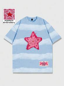 ROMWE MEN Street Life 1pc Men's Casual Round Neck Short Sleeve T-Shirt With Pentagram Patch - Blue - View 1