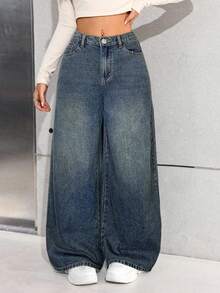 SHEIN Teen Girl Y2K Basic Blue Denim Thermal Lined Loose Fit Pants, Autumn/Winter, Fall - Dark Wash - View 4