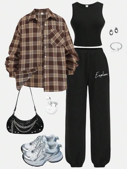 Girlism 3pcs/Set Teen Girls Plaid Long Sleeve Shirt, White Cropped Tank Top, Black Sweatpants Casual Outfit, Autumn