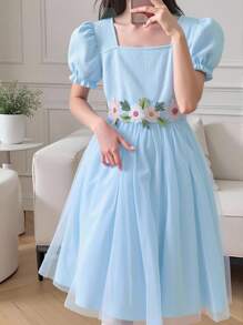 Vestido De Malla Con Manga Abullonada De Aplicaciones Florales Para Niñas Tween - Celeste - Ver 9