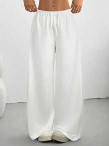 SHEIN EZwear Quần dài ống đứng lưng thấp co giãn có dây rút màu trơn cỡ lớn thường ngày - trắng - Xem 3