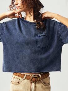 Bohemela 休闲纯色针织圆领落肩短袖宽松短款女式 T 恤