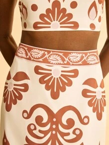 CAJUNI Chân váy chữ A dáng đứng in họa tiết Bohemian màu nâu đế màu mơ dành cho nữ, thích hợp cho kỳ nghỉ, bãi biển, hẹn hò, ngày lễ - Nhiều màu - Xem 4