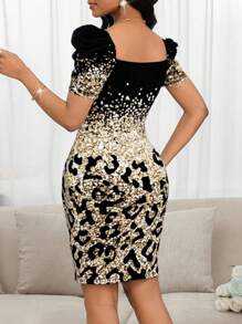 SHEIN Lady 大码女式甜心领泡泡袖豹纹修身优雅连衣裙 - 紅色 - 查看 2