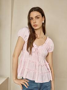 Cévolie Women's Solid Color Frill Trim Front Tie Short Puff Sleeve Fashionable Blouse - Baby Pink - View 6