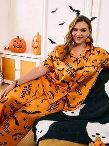 Chillnights Plus Size Faux Silk Shirt Collar Halloween Funny Pumpkin Print Set - Orange - View 7