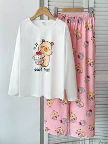 SHEIN Tween Girl 可爱熊和几何心形图案奶油白色休闲简约长袖上衣和裤子 2 件套，适合所有季节，休闲假期 - 米色 - 查看 1