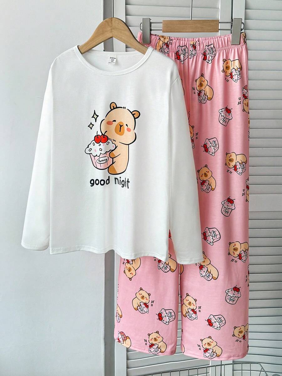 SHEIN Tween Girl 可爱熊和几何心形图案奶油白色休闲简约长袖上衣和裤子 2 件套，适合所有季节，休闲假期 - 米色 - 查看 1