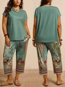 SHEIN LUNE Plus Size Back To School Outfits Women Vintage Batwing Bluzka i spodnie z kwiatowym nadrukiem na powrót do domu Ubrania na jesień Biznesowe, codzienne ubrania w stylu vintage Ubrania dla kobiet o kobiecych kształtach Jesienne ubrania dla kobiet Styl Old Money Women 2-częściowy zestaw - Wielokolorowe - Zobacz 7