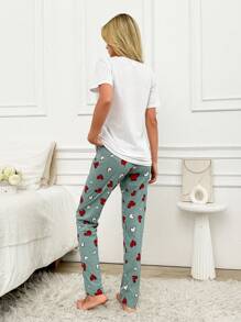 RueChic 2Pcs/Women Heart Print Top And Contrast Heart Printed Sleep Bottoms PJ Set - Multicolor - View 2
