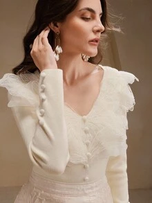 Anewsta Women's Elegant Dignified Elegant 3D Lace Petal V-Neck Sweater, High-End Design - White - View 5