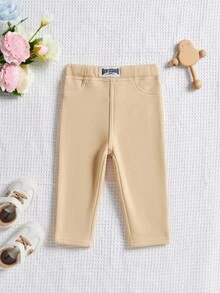 SHEIN Babygirl 秋冬可爱卡其色弹力针织字母印花抽绳腰裤 - 卡其色 - 查看 4