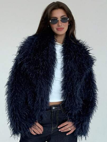 Aloruh New Vintage Style Oversized Lapel Fluffy Shaggy Coat In Fall/Winter