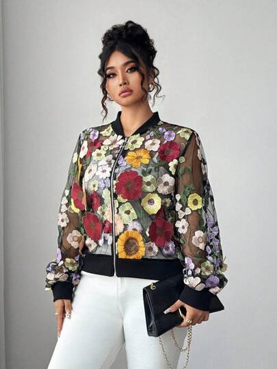 Elenzga جاكيت بيسبول أنيقة مطرزة بالزهور للنساء ذوات الحجم الكبير، بأكمام فانوس وسحاب أمامي