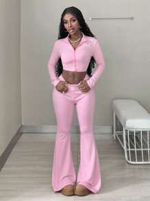 Coolane 女士秋季日常穿着外出基本款运动服健身房瑜伽粉色紧身胸衣外套和小喇叭裤两件套 - 粉色 - 查看 5