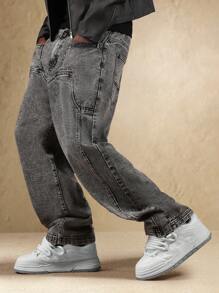 SUMWON 阔腿经典牛仔宽松牛仔裤，带实用口袋，复古街头风，秋冬时尚休闲舒适宽松版型纯色长裤 - 深灰色 - 查看 5