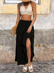 Brillora Solid Ruffle Hem Skirt - Black - View 4