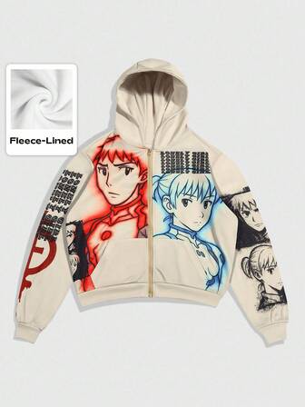 Street Life Sudadera con capucha casual con cremallera, de manga larga, con forro térmico y estampado de personajes de dibujos animados para hombre
