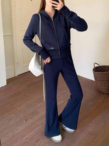 SHEIN Teen Girls Casual Fitted Jacket Hoodie Long Sleeve And Flared Leg Pants Co-Ord Set