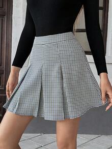 Pariaura 黑白格子褶裥拉链休闲通勤简约学院风女短裙，春夏休闲穿搭，大学春季服装 - 彩色 - 查看 5