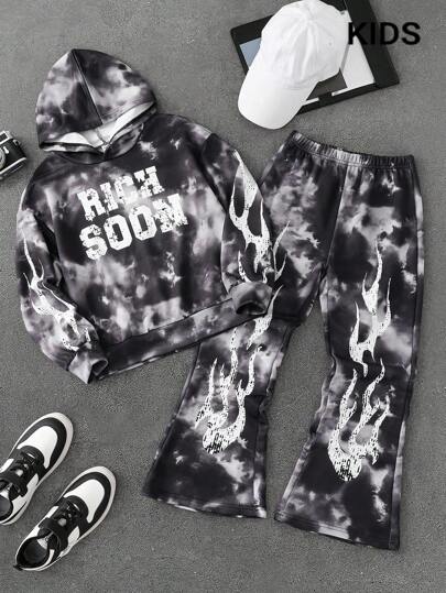PAVTROS Tween Boy Flame Print Hoodie Set, Suitable For Street Wear And Theme Parties Chic Outfits For Autumn/Winter Fall