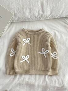 SHEIN Vintaside Kids 時尚百搭可愛蝴蝶結針織套頭毛衣，適合年輕女孩，秋季、仙女風、學校、返校季，淺棕色秋冬服飾 - 杏色 - 查看 5
