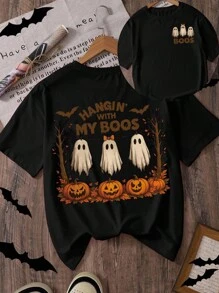 万圣节南瓜和鬼魂印花女式圆领短袖休闲T恤 - 黑色 - 查看 1
