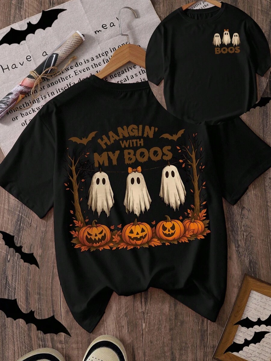 万圣节南瓜和鬼魂印花女式圆领短袖休闲T恤 - 黑色 - 查看 1