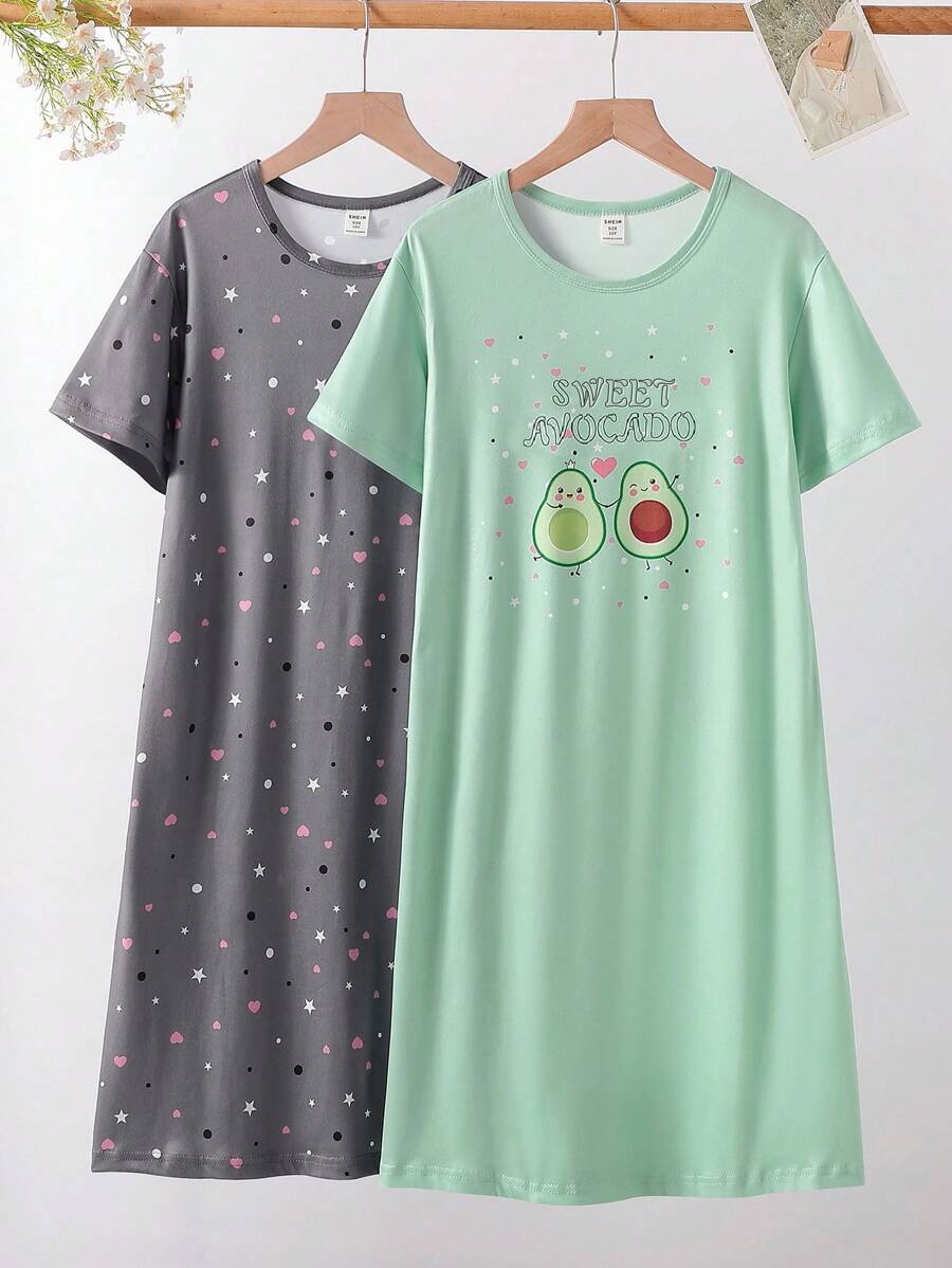 SHEIN 2 件套女童可爱绵羊图案舒适休闲圆领短袖长睡袍家居服 - 彩色 - 查看 1