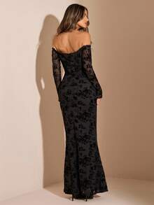 SHEIN BAE 纯黑色植绒露肩长袖紧身连衣裙，黑色连衣裙，生日礼服，派对礼服，适合秋冬分层穿着 - 黑色 - 查看 2