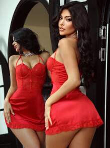 SHEIN Seduluxe 2 Stück Damen sexy Spitzen-Patchwork Nachthemd Set, Ausgehen