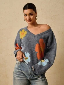 Travachic 大码女式花卉提花 V 领宽松套头衫，可爱的套头衫，灰色和深灰色花卉毛衣女式 V 领毛衣女式女式套头衫花朵毛衣针织毛衣女式可爱上衣女式返校毛衣灰色毛衣可爱上衣秋季女式圣诞节外出上衣大码女式毛衣冬季 - 灰色 - 查看 6