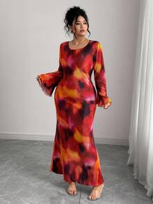 Elenzga Plus Size Crew Neck Long Puff Sleeve Floral Print Pleated Fitted Dress, For Christmas Maxi Women Outfit Fall Cloth For Women - Multicolor - View 3
