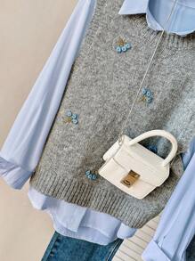Solavon Women's Solid Color Embroidered Crew Neck Sweater Vest In Fall/Winter - Grey - View 6