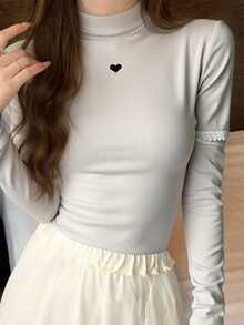 FRIFUL 女士愛心刺繡花邊中空袖立領上衣 - 灰色 - 查看 1