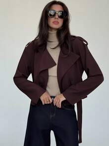 Aloruh 女士纯色短翻领长袖休闲百搭时尚风衣秋季女士秋季所有女士秋季女士秋季秋季女士秋季冬季女士冬季女士冬季夹克女士女士夹克别致秋季棕色风衣，焦糖色 - 咖啡棕 - 查看 5