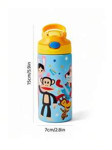 Paul Frank X SHEIN 16 Oz / 500 Ml Cartoon Pattern Insulated Stainless Steel With Handle And Silicone Straw, Suitable For School, Travel, Easy To Carry - Blue - View 5