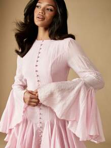 MISSGUIDED Bell Sleeve Button Front Mini Dress Ruffled Hem Fit And Flare Party Holiday Formal Wedding Guest Special Occasion Vintage Victorian Style - Pink - View 4