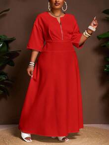 Veslaya 2025 Spring & Summer New Arrival, Daily Casual & Elegant Commute & Vacation, Solid White Loose Short Sleeve V-Neck Half Zip Drawstring Waist Flared Maxi Shirt Dress, Plus Size - Z