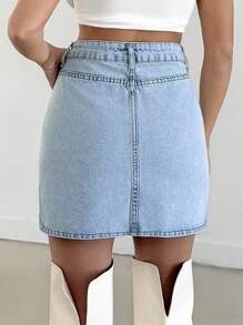 EURMUSE WOMEN CASUAL HIGH WAIST BLUE MINI DENIM SKIRT - Medium Wash - View 2