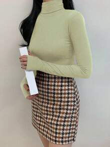 DAZY 女式休闲百搭高领紧身打底 T 恤，秋冬长袖上衣 - 綠色 - 查看 4