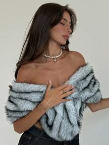 Aloruh 秋冬女士时尚短款人造毛皮披肩夹克 - 灰色 - 查看 1