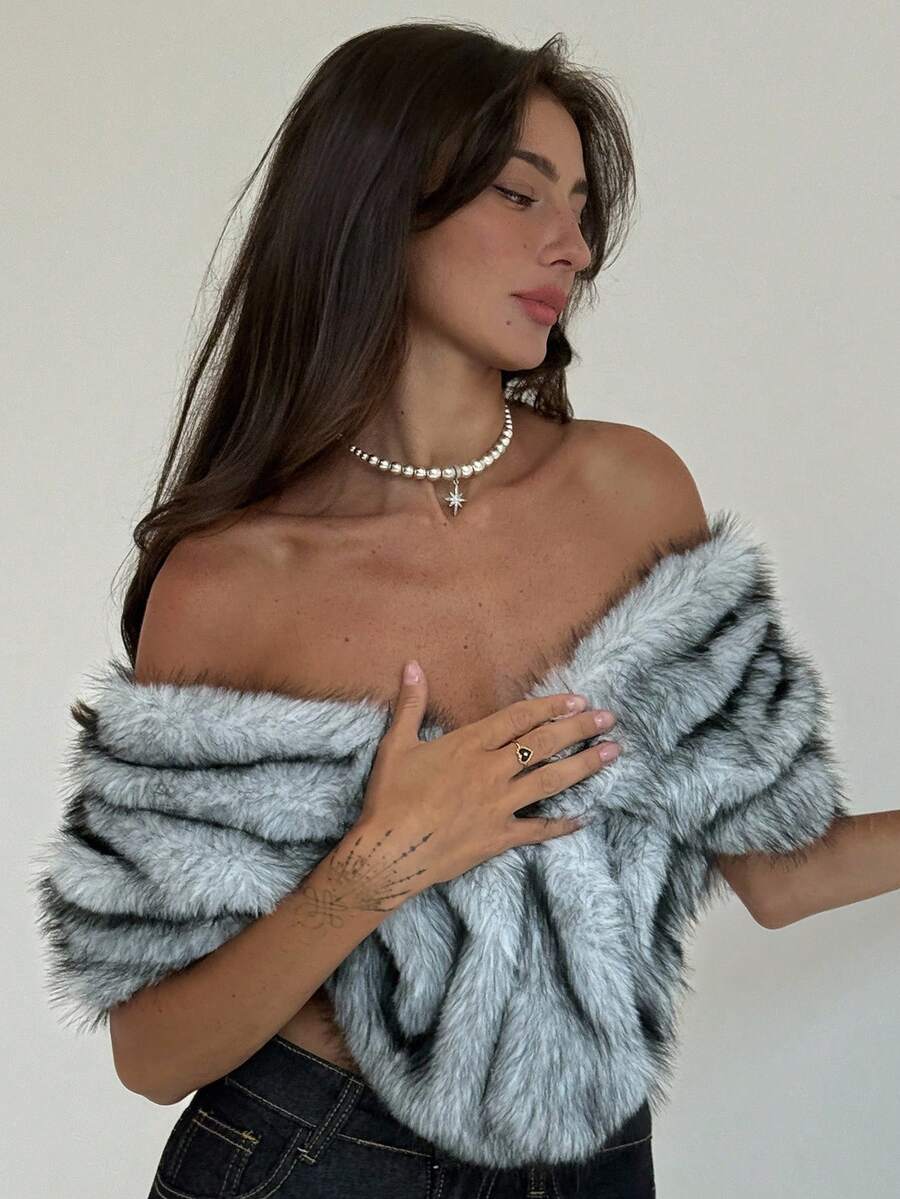Aloruh 秋冬女士时尚短款人造毛皮披肩夹克 - 灰色 - 查看 1