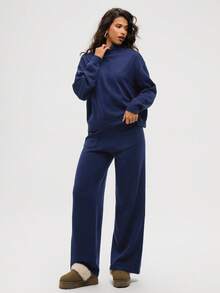 Aloruh 2pcs Women Casual Solid Color Turtleneck Sweater Set In Fall/Winter - Navy Blue - View 4