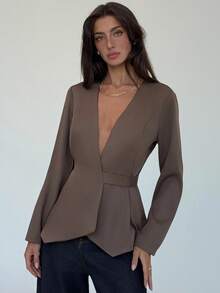 Aloruh Women's Fashionable Solid Color Deep V Neck Blazer In Fall/Winter - Brown - View 6