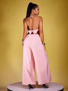 INAWLY 女士纯色性感露背露背镂空阔腿连体裤，粉色套装 - 淺粉色 - 查看 2