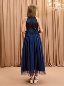 少女优雅蕾丝连衣裙，露背领，海军蓝，适合晚会、婚礼、舞会、万圣节、圣诞节等场合 - 藏蓝色 - 查看 2