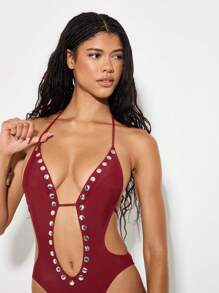 KIZN Tief ausgeschnittener Monokini Badeanzug mit V-Ausschnitt, Neckholder, Ausschnitt und Nieten-Detail an den Seiten, Strandmode für Urlaub, Pool-Partys im Sommer - Rot - Übersicht 5